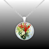 Cheery Daisies, Lilies & Gladiolas Monet Art Painting 1" Pendant Necklace Silver Tone