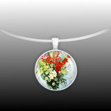 Cheery Daisies, Lilies & Gladiolas Monet Art Painting 1" Pendant Necklace Silver Tone
