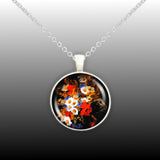 Cheery Daisies, Blue Cornflowers & Poppy Flowers Longpre Art Painting 1" Pendant Necklace in Silver Tone or Gold Tone