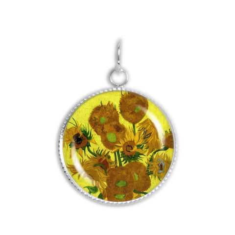 Sunflowers w/ Yellow Background Van Gogh Art Painting 3/4" Charm for Petite Pendant or Bracelet in Silver Tone