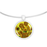 Sunflowers w/ Yellow Background Van Gogh Art Painting 1" Pendant Necklace in Silver Tone