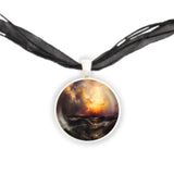 Sun Setting in the Ocean Moran Art Painting 1" Pendant Necklace in Silver Tone