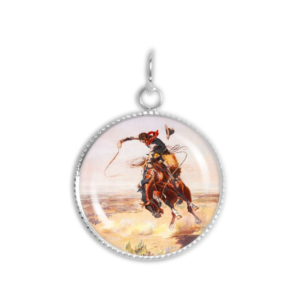 A Bad Hoss Cowboy & Horse Russell Western Art Painting 3/4" Charm for Petite Pendant or Bracelet in Silver Tone