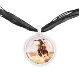 A Bad Hoss Cowboy & Horse Russell Western Art Painting 1" Pendant Necklace in Silver Tone