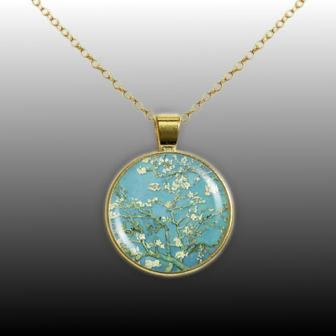Almond Tree Branches with Flowers in Blue Van Gogh Art Painting 1" Pendant Necklace in Gold Tone