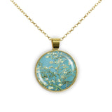 Almond Tree Branches with Flowers in Blue Van Gogh Art Painting 1" Pendant Necklace in Gold Tone