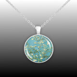 Almond Tree Branches with Flowers in Blue Van Gogh Art Painting 1" Pendant Necklace in Silver Tone