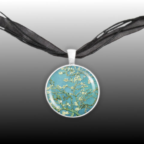 Almond Tree Branches with Flowers in Blue Van Gogh Art Painting 1" Pendant Necklace in Silver Tone