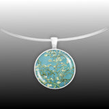 Almond Tree Branches with Flowers in Blue Van Gogh Art Painting 1" Pendant Necklace in Silver Tone