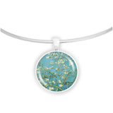 Almond Tree Branches with Flowers in Blue Van Gogh Art Painting 1" Pendant Necklace in Silver Tone