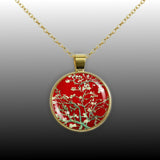 Almond Tree Branches w/ Flowers in Red Van Gogh Art Painting 1" Pendant Chain Necklace in Silver Tone or Gold Tone