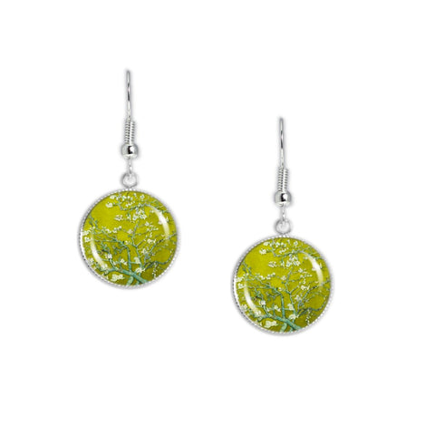 Almond Tree Branches w/ Flowers Yellow Van Gogh Painting Dangle Earrings w/ 3/4" Art Charms Silver Tone or Gold Tone