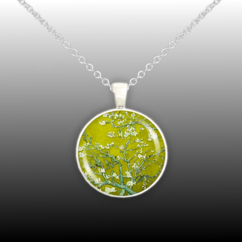 Almond Tree Branches w/ Flowers in Yellow Van Gogh Art Painting 1" Pendant Chain Necklace in Silver Tone or Gold Tone
