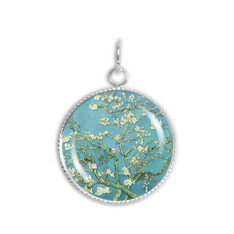 Almond Tree Branches with Flowers in Blue Van Gogh Painting 3/4" Charm for Petite Pendant or Bracelet in Silver Tone