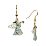 Glittery Winter Ice Blue Cloaked Angel Blowing Trumpet Earrings in Gold Tone, Holidays, Christmas