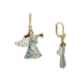 Glittery Winter Ice Blue Cloaked Angel Blowing Trumpet Earrings in Gold Tone, Holidays, Christmas