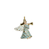 Glittery Winter Ice Blue Cloaked Angel Blowing Trumpet Petite Drop Pendant Necklace in Gold Tone