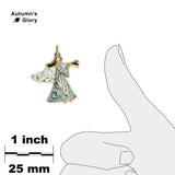 Glittery Winter Ice Blue Cloaked Angel Blowing Trumpet Petite Drop Pendant Necklace in Gold Tone