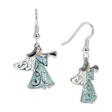 Glittery Winter Ice Blue Cloaked Angel Blowing Trumpet Earrings in Silver Tone, Holidays, Christmas