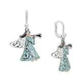 Glittery Winter Ice Blue Cloaked Angel Blowing Trumpet Earrings in Silver Tone, Holidays, Christmas