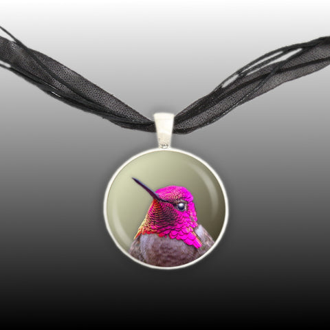 Anna's Hummingbird Bird Photo 1" Pendant Necklace in Silver Tone