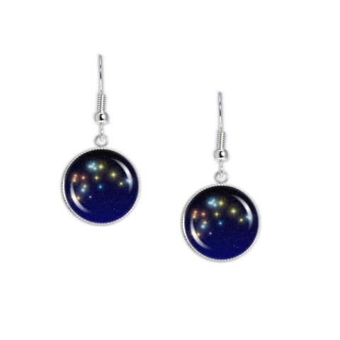 Aquarius Constellation Illustration Dangle Earrings w/ 3/4" Space Charms in Silver Tone
