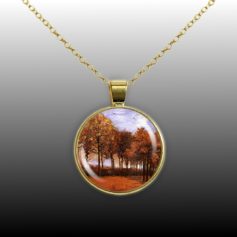 Autumn Landscape with Trees Van Gogh Art Painting 1" Pendant Necklace in Gold Tone