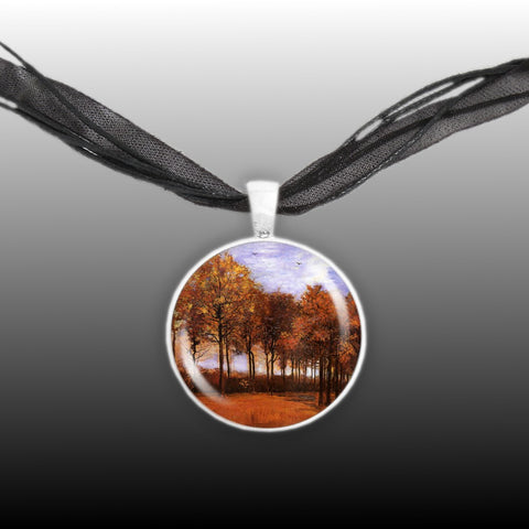 Autumn Landscape with Trees Van Gogh Art Painting 1" Pendant Necklace in Silver Tone