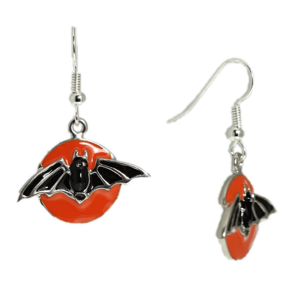 Shivers up My Spine Halloween Bat and Spooky Orange Moon Earrings in Silver Tone