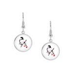 Black Capped Chickadee w/ Juicy Red Berries Color Pencil Drawing Style Dangle Earrings w/ 3/4" Charms in Silver Tone