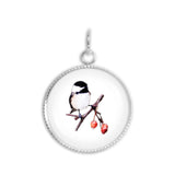 Black Capped Chickadee w/ Juicy Red Berries Color Pencil Drawing Style 3/4" Charm for Petite Pendant or Bracelet in Silver Tone
