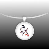 Black Capped Chickadee w/ Juicy Red Berries Color Pencil Drawing Style 1" Pendant Necklace in Silver Tone