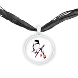 Black Capped Chickadee w/ Juicy Red Berries Color Pencil Drawing Style 1" Pendant Necklace in Silver Tone