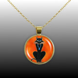 Black Kitty Cat Wearing Blue Stone Jewelry Art Painting 1" Pendant Cable Chain Necklace in Silver Tone or Gold Tone