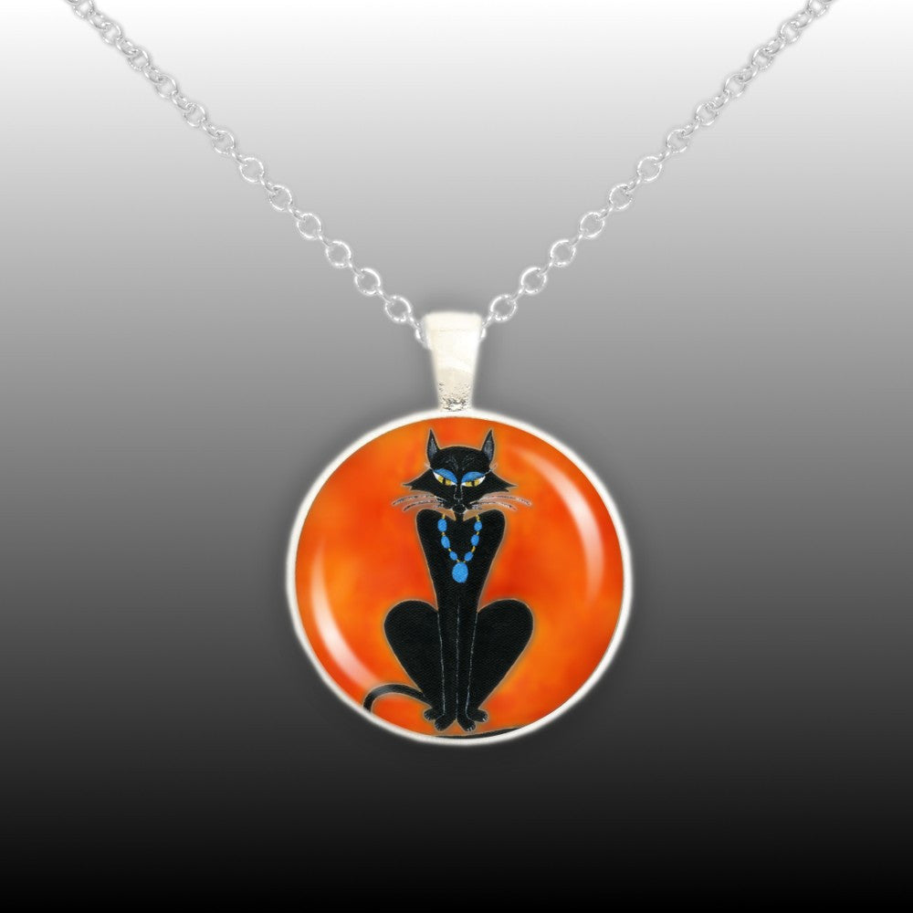 Black Kitty Cat Wearing Blue Stone Jewelry Art Painting 1" Pendant Cable Chain Necklace in Silver Tone or Gold Tone