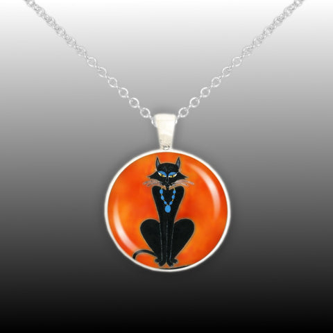 Black Kitty Cat Wearing Blue Stone Jewelry Art Painting 1" Pendant Cable Chain Necklace in Silver Tone or Gold Tone