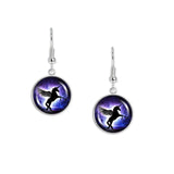 Unicorn with Wings Black Silhouette in Dark Purple Forest Dangle Earrings w/ 3/4" Charms in Silver Tone