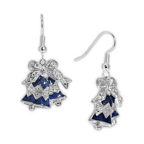 Blue Bells Topped w/ Bow & Swarovski Crystal Earrings in Silver Tone, Christmas