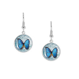Blue Butterfly Romantic Style Artwork Print Dangle Earrings w/ 3/4" Charms in Silver Tone