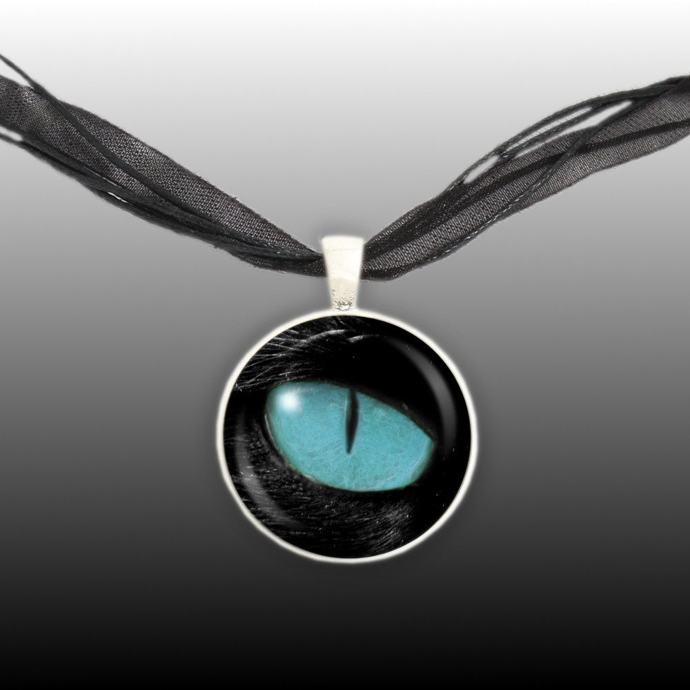 Black Cat's Ice Blue Eye Illustration Art 1" Pendant Necklace in Silver Tone