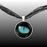 Black Cat's Ice Blue Eye Illustration Art 1" Pendant Necklace in Silver Tone