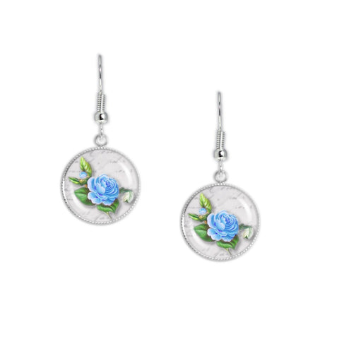 Azure Blue Rose Flower Vintage Style Illustration Dangle Earrings w/ 3/4" Charms in Silver Tone or Gold Tone