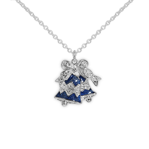 Blue Bells Topped w/ Bow & Swarovski Crystal Petite Pendant Necklace in Silver Tone, Holiday, Winter, Christmas
