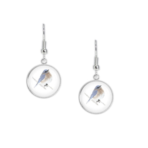 Bluebird Bird Perched on a Branch Color Pencil Drawing Style Dangle Earrings with 3/4" Charms in Silver Tone