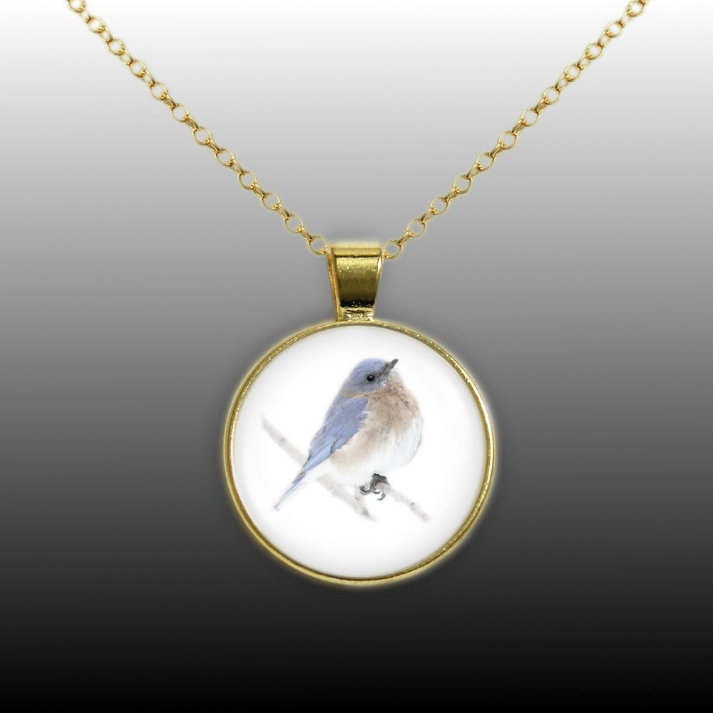 Bluebird Color Pencil Drawing Style 1" Pendant Necklace in Gold Tone
