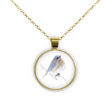 Bluebird Color Pencil Drawing Style 1" Pendant Necklace in Gold Tone