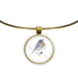 Bluebird Color Pencil Drawing Style 1" Pendant Necklace in Gold Tone