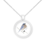 Bluebird Bird Perched on a Branch Color Pencil Drawing Style 1" Pendant Necklace in Silver Tone