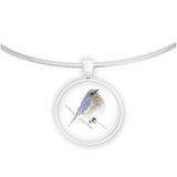 Bluebird Bird Perched on a Branch Color Pencil Drawing Style 1" Pendant Necklace in Silver Tone