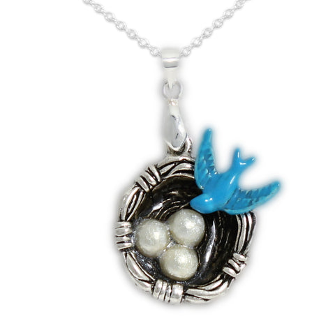 Bluebird Perched on Nest with Shimmering Eggs Pendant Necklace in Silver Tone